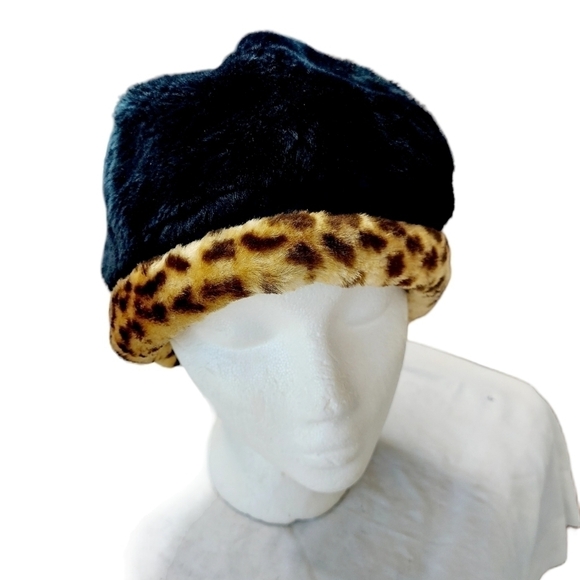 Fuzzy Black Cheetah Bucket Style Hat Retro 90's - Picture 9 of 11